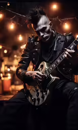 a man with a skull on his face and holding a guitar