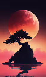 a tree that is sitting on a small island,a very pretty and strange looking painting with a tree on it