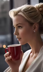 woman in white dress drinking out of red coffee cup