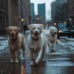 a group of three large dogs standing on a sidewalk