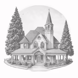 a drawing of a church surrounded by trees
