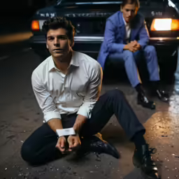 two men are sitting in front of their car, one in a white shirt