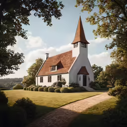a small white house with a very steeple next to some trees