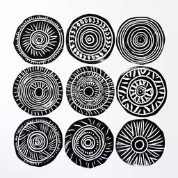 several circles with designs on it,six abstractly designed circles, each with black and white designs