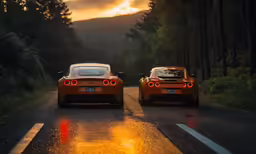 two sports cars driving down the road in the rain