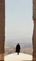 the man stands by the rock formations facing the mountains