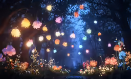 colorful lights are hanging from the trees in the forest