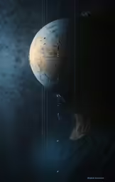 a young boy looking up at a space object