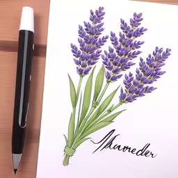 a pen, with ink drawing of lavenders on it,a drawing of lavender on a notepad next to a pen,a sketch of lavender flowers on white paper,there are some flowers that have been placed on the paper,a pen sits next to a drawing of lavender