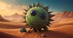 a small green creature in the desert looking at a cactus