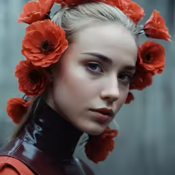 the model is wearing red flowers in her hair