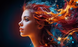 a woman with red and orange hair has fire in her hair