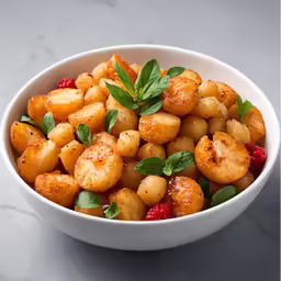fried potatoes with basil leaves in white bowl on grey background
