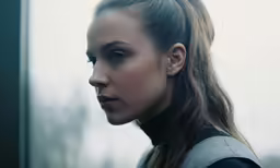a young woman with a ponytail in profile, standing outside a building
