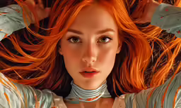 the redhead girl with her hair falling back has long orange streaks