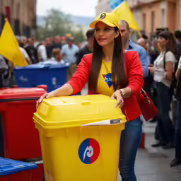 a woman wearing a yellow hat is holding a box