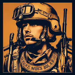 an art print of a soldier with rifle and helmet,a picture of a man with his helmet up and gun in front of him