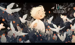 a drawing of a boy surrounded by white birds