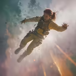 a young woman dressed in water safety gear floating through the air