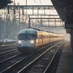 a train is pulling into the station and its lights on