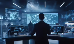three men in dark office with two monitors