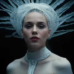 a woman in a white dress with feathers on her head