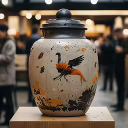 a vase sitting on a table in a room with people
