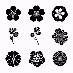 flower icons set in black on white,a flower silhouette set that includes flowers, leaves and flowers