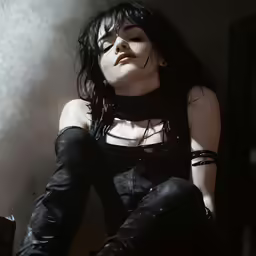 a woman wearing high heel boots in black sitting on a chair