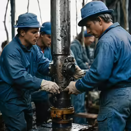 a couple of men are working on some machinery