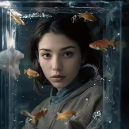 a woman in grey top and gold fish under an aquarium