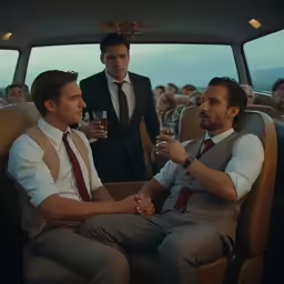 a man and two other men in suits on a bus