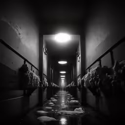 a long, narrow hallway with a bunch of flowers and stuffed animals