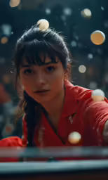 a woman in a red shirt juggling balls in the air