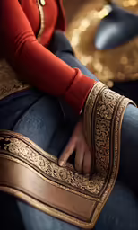 woman wearing red sweater sitting in a room with golden decoration