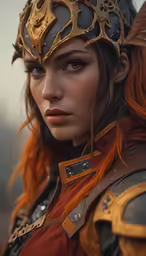 a woman in a brown outfit is wearing a headdress
