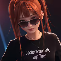 a beautiful redhead with glasses and ponytail is wearing a black shirt