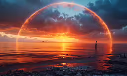 a person is standing in the water watching an orange colored cloud rise