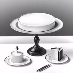black and white photo of a cake on a table with some place settings