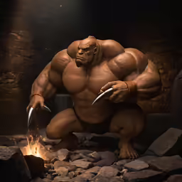there is a large, muscular creature standing on rocks