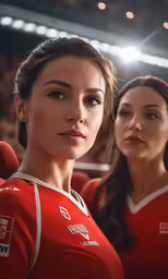 two women in uniform stand together in a row