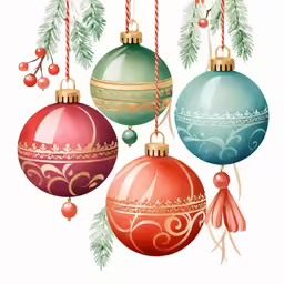 a group of ornaments hanging from a tree branch