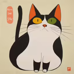 a black and white cat sitting on top of a brown wall