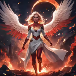 a person wearing a white and red costume holding a large pair of wings