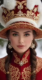 a woman wearing a red and gold dress and hat