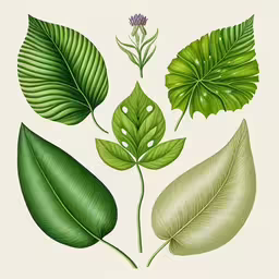 three different types of leaves, one green with white center and one green leaf,a variety of green leaves, one with large leaves