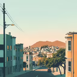 a view of a city street with buildings and a hill in the distance