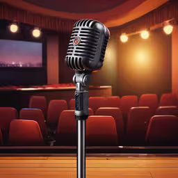 a black microphone is on top of a tripod in front of rows of red seats,an old fashioned microphone in front of an empty screen in a room with a stage