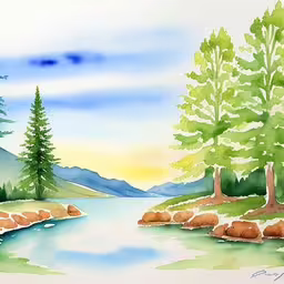 the landscape is painted with watercolors on the canvas