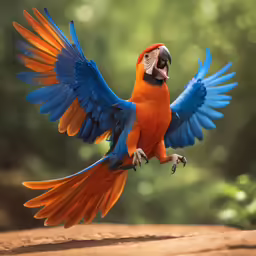 an orange and blue parrot standing on its hind legs with wings spread